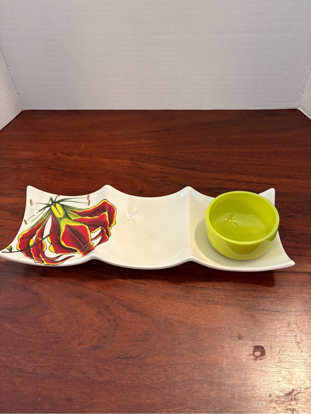 Hand Painted Pottery Nnino Ceramics From Zimbabwe Flame Lily Relish Dish W/ Dip